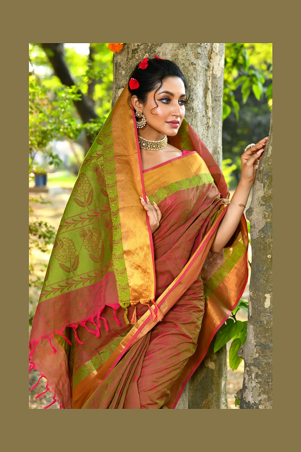 Natural Offwhite Pink Fusion Plain Katan Cotton Silk Saree with Zari Border  - Loomfolks